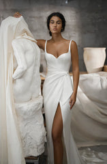 Customized Mermaid Satin Wedding Dress Backless Side Slit Boho Bridal Gown