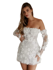 Women's Short Wedding Dresses Lace Floral Appliques Bridal Gown Strapless with Long Sleeves Prom Dress