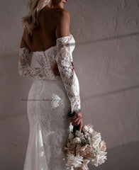 Charming Removable Sleeves Sweetheart Full Lace Mermaid Wedding Dress Sweep Train Bridal Gown