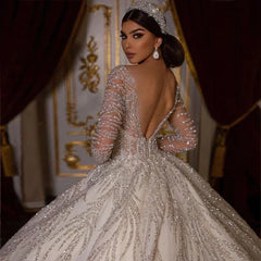 Customized Romantic Ball Gown Wedding Dress Luxury O-neck Beading Bridal Gown