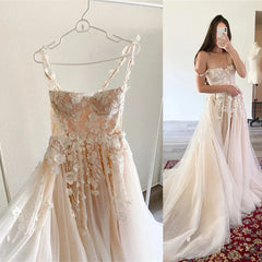 Charming Two Straps 3D Flower Lace Applique Bridal Gown A Line Wedding Dresses Custom Made