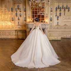 Exquisite Wedding Dresses Sheer Neck Lace Beaded Applique Long Sleeve Gowns Customized