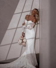 Charming Removable Sleeves Sweetheart Full Lace Mermaid Wedding Dress Sweep Train Bridal Gown