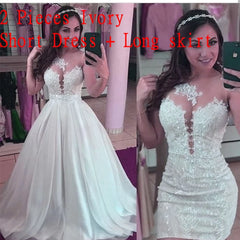Short Sheath Lace 2 in 1 Wedding Dresses with Detachable Skirt Two Pieces Pearls Bridal Gowns