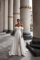 Princess Off The Shoulder Long Sleeves Sweetheart Lace Applique Boho Beach A Line Wedding Dresses