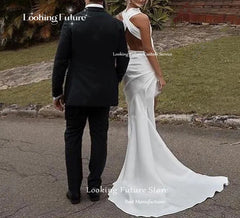 Customized Satin O-Neck Sleeveless Mermaid Wedding Dress with Side Slit Backless Bridal Gown
