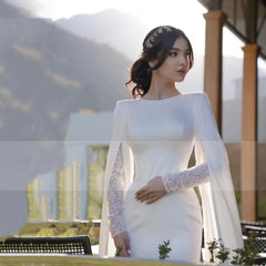 Flavinke Customized Satin Muslim Wedding Dresses O Neck Lace Long
