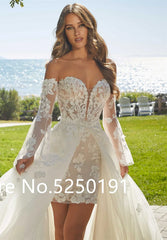 Popular Sweetheart Full Lace Short Sheath Wedding Dresses With Detachable Train 2 In 1 Bridal Gown