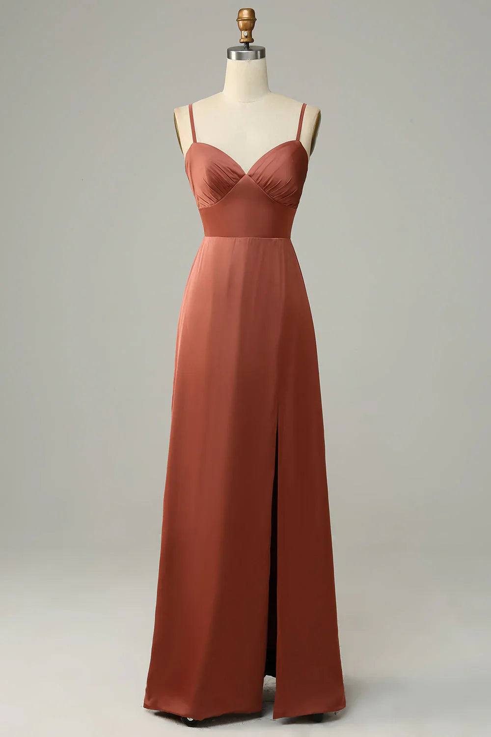 Sheath Straps Spaghetti Satin Bridesmaid Dress With Slit