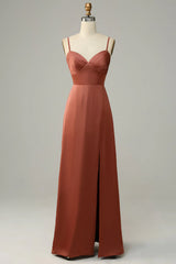 Sheath Straps Spaghetti Satin Bridesmaid Dress With Slit