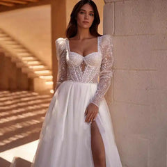 Boho Sweetheart Backless Wedding Dress Women Long Sleeve Tulle A-Line Bridal Gown