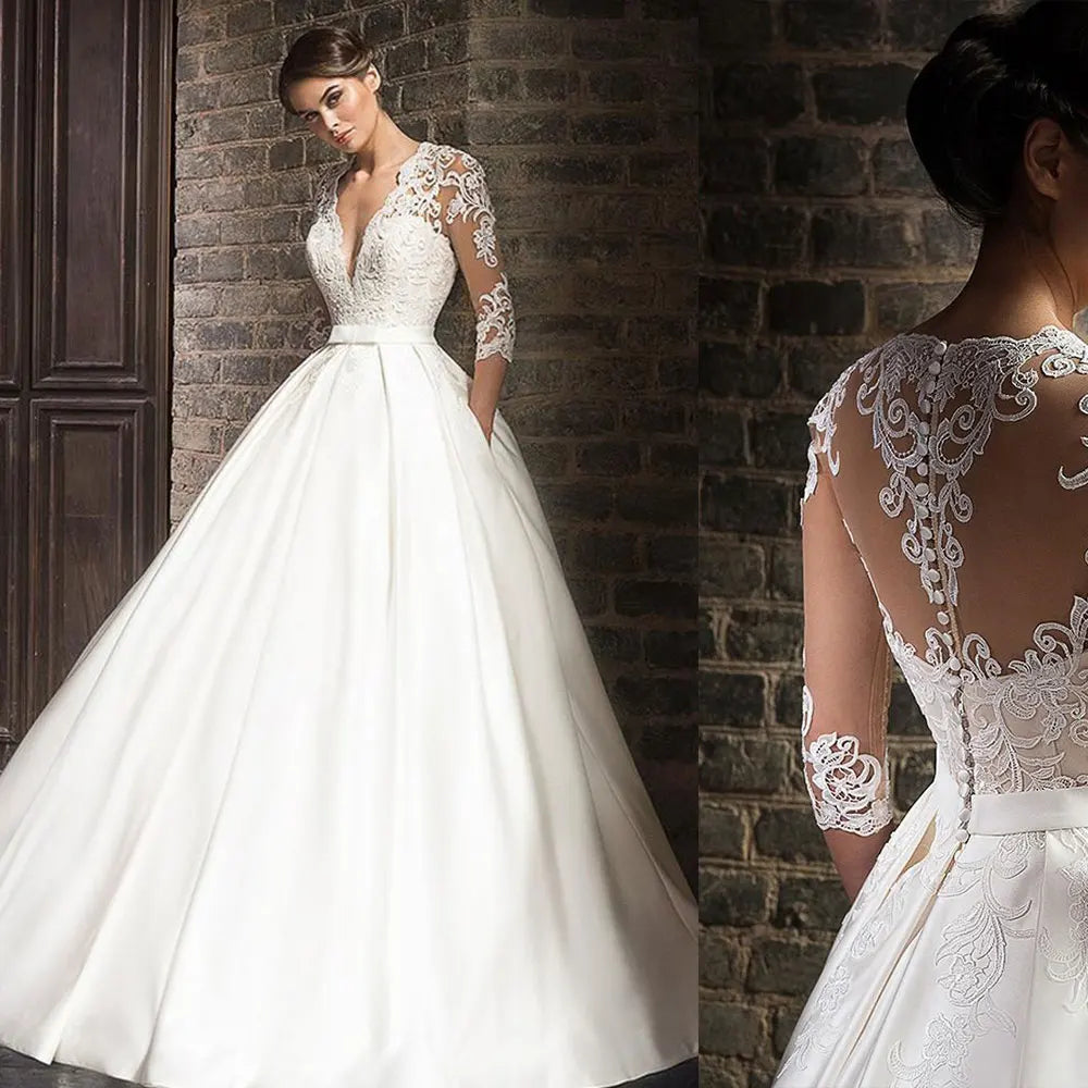 Elegant Lace Wedding Dresses Half Sleeves V-Neck Bride Dress with Pockets