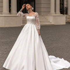 Classic Wedding Dresses Women O-Neck Full Sleeves Bride Gown Applique A-Line Occasion