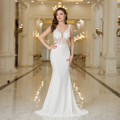 MisShow Elegant Straps Mermaid Wedding Dresses Lace Pearls Backless V Neck Sleeveless Gowns