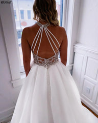 Customized A-Line Boho Wedding Dresses with Organza High Neck Crystals Bridal Gowns with Pockets