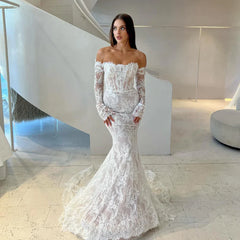 Sexy See Through Back Long Sleeves Lace Mermaid Wedding Dresses