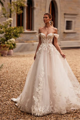 Charming Off The Shoulder 3D Flower Lace Applique A Line Wedding Dresses Custom Made
