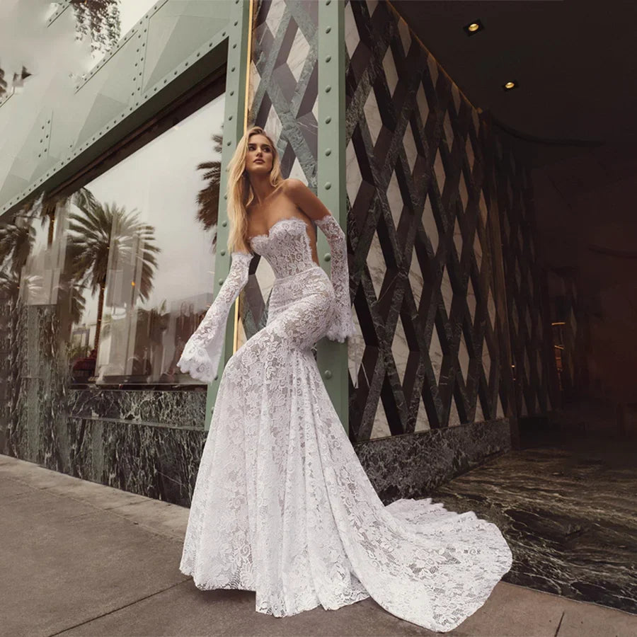 Customized Sweetheart Mermaid Lace Wedding Dresses Backless