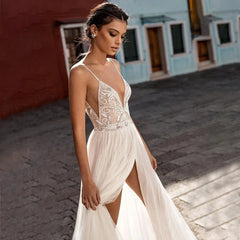 Customized Beach Tulle Wedding Dresses Boho Side Split A-Line