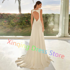 Customized Pure Ivory O-Neck Jersey Wedding Dresses with Open Back Sweep Train Minimalist Pleats Crystal Sleeveless Bridal Gowns