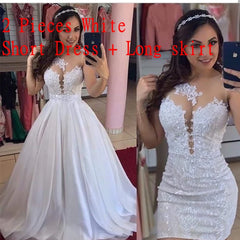 Short Sheath Lace 2 in 1 Wedding Dresses with Detachable Skirt Two Pieces Pearls Bridal Gowns