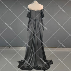 Customized Illusion Tulle Off Shoulder Lace Wedding Gowns A Line Long Sleeves Ruched Satin Bridal Dress