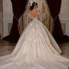 Customized Romantic Ball Gown Wedding Dress Luxury O-neck Beading Bridal Gown