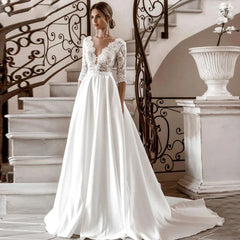 Elegant Sexy V-Neck Women Wedding Dresses Mopping Length Gowns
