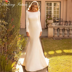 Customized Elegant Mermaid Wedding Dress Satin Cowl Back O-Neck Bridal Gown Long Sleeves Sweep Train