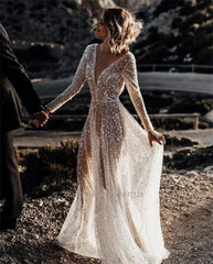 Mordern V- Neck Sequins Wedding Dresses Long Sleeves Gowns