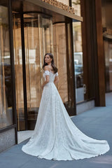Luxury Cape 3D Lace Mermaid Wedding Dress with Detachable Train