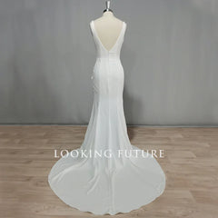 Customized Mermaid Satin Wedding Dress Backless Side Slit Boho Bridal Gown