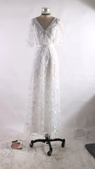 Elegant Women White Lace Wedding Dresses Flare Sleeves Mermaid Gown