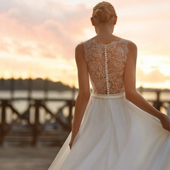 YunShang Chiffon V-Neck Wedding Dress Elegant Lace A-Line Gown