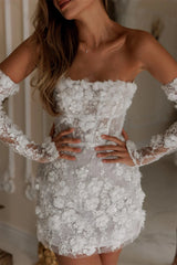 Customized Beaded Mini 3D Flower Wedding Dress Off Shoulder Detachable Sleeves Lace-Up Back Bridal Gown