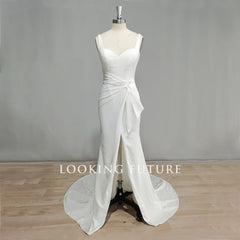 Customized Mermaid Satin Wedding Dress Backless Side Slit Boho Bridal Gown