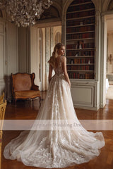 Customized A-Line Deep V-Neck Sleeveless Lace Appliques Tulle Wedding Dress Backless Button Bridal Gown