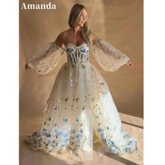 Amanda Princess Flower Lace A-Line Wedding Dress Puffy Sleeve Side Split Bridal Gown