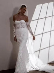 Charming Removable Sleeves Sweetheart Full Lace Mermaid Wedding Dress Sweep Train Bridal Gown