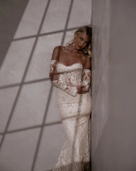 Charming Removable Sleeves Sweetheart Full Lace Mermaid Wedding Dress Sweep Train Bridal Gown