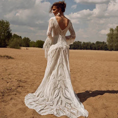 CustomizedBohemia Vintage Wedding Dresses For Women V-Neck Backless Gowns Flare Sleeves Lace Robes