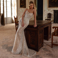 Formal Strapless Mermaid Wedding Dress with Sequins Pearls Boho Bridal Gown