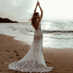 Customized Boho Sexy Lace V Neck Beach Mermaid Wedding Dresses