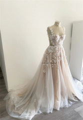 Charming Two Straps 3D Flower Lace Applique Bridal Gown A Line Wedding Dresses Custom Made