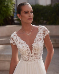 A-Line Lace Wedding Dress Brides Boho Cap Sleeve V-Neck Open Back Bridal Gown Customized