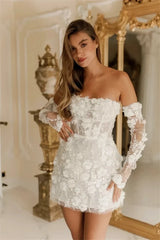 Women's Short Wedding Dresses Lace Floral Appliques Bridal Gown Strapless with Long Sleeves Prom Dress