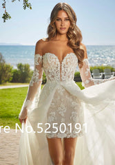 Popular Sweetheart Full Lace Short Sheath Wedding Dresses With Detachable Train 2 In 1 Bridal Gown