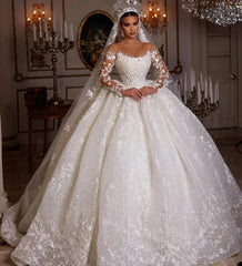Customized Luxury Wedding Dresses Long Sleeves Sequins Beads Appliques Tulle Bride Gowns