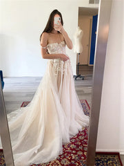 Charming Two Straps 3D Flower Lace Applique Bridal Gown A Line Wedding Dresses Custom Made