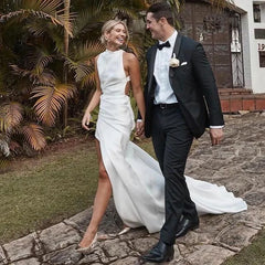 Customized Satin O-Neck Sleeveless Mermaid Wedding Dress with Side Slit Backless Bridal Gown